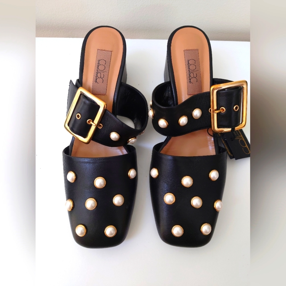 COLIAC DÉCOLLETÉ Pearl Block Heels Slide Size 6.5 (Eur 37)